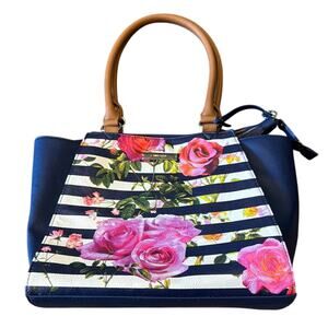 Nine West Blue Striped Floral Large Purse Tote Bag